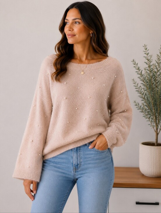 George Sweaters - 💙 Pearl-Embellished Light Pink Women's Sweater